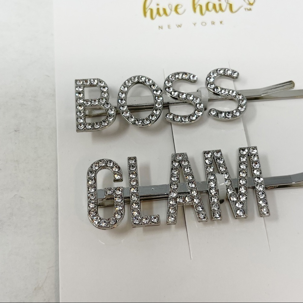 HIVE HAIR Women’s Silver Tone Jeweled Bling Spell out Barrette Set BOSS GLAM